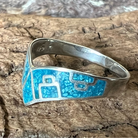 Taxco Mexico Sterling Silver Ring TR-60 Turquoise inlay geometric Maya Aztec 5 - Picture 3 of 5